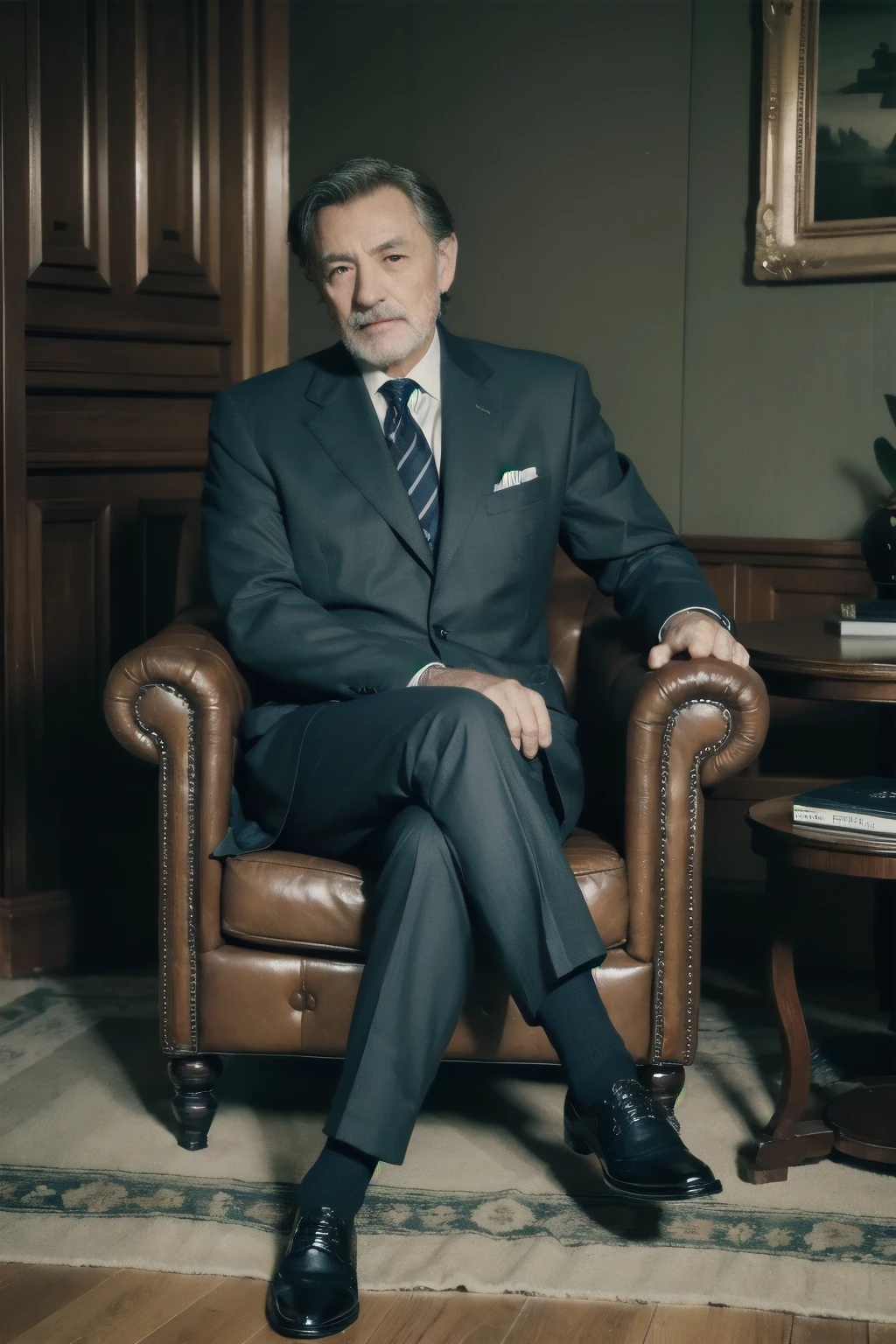 an elderly man wearing a crisp, well-tailored business suit sits in a plush, leather swivel chair, his hands steepled together in thought as he prepares for an important meeting. He is comfortably seated, with one crossed leg revealing the faint shine of polished leather shoes. The room is bathed in soft, warm lighting that highlights the fine lines and wrinkles on his face. The suit, a deep navy blue, exudes an air of authority and experience. His salt-and-pepper hair is expertly styled, and his eyes, a sharp, piercing green, convey a sense of intelligence and wisdom. The room is large and spacious, with floor-to-ce