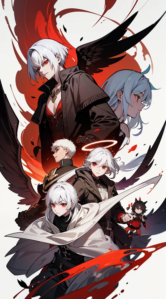 character sheet, character design, multiple angles, full body, book cover, artistic image, five characters, one male demonic angel character, Handsome man, white hair, very short hair, ((crew cut: 1)) , red eyes, fair skin, ((muscular: 1)), male, 28 years old, muscular, in good shape, muscular. golden details, brown leather shawl, baggy gray pants, black and brown belts, black boots, brown gloves, many belts, red halo, halo behind the head, horns on the head, chaos angel transformation, black feathers, white feathers, light elemental power, shadow elemental power, a chaos seraph, several skeleton hands, death power, life power. ((four female characters, four women with white hair, a woman with flames, queen of summer. a vampire woman with ice, queen of winter. a woman with monstrous roses, queen of spring. a woman with beetles, queen of the plague. ))