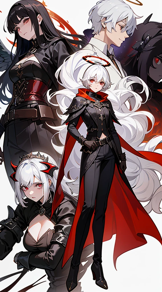 character sheet, character design, multiple angles, full body, book cover, artistic image, five characters, one male demonic angel character, Handsome man, white hair, very short hair, ((crew cut: 1)) , red eyes, fair skin, ((muscular: 1)), male, 28 years old, muscular, in good shape, muscular. golden details, brown leather shawl, baggy gray pants, black and brown belts, black boots, brown gloves, many belts, red halo, halo behind the head, horns on the head, chaos angel transformation, black feathers, white feathers, light elemental power, shadow elemental power, a chaos seraph, several skeleton hands, death power, life power. ((four female characters, four women with white hair, a woman with flames, queen of summer. a vampire woman with ice, queen of winter. a woman with monstrous roses, queen of spring. a woman with beetles, queen of the plague. ))