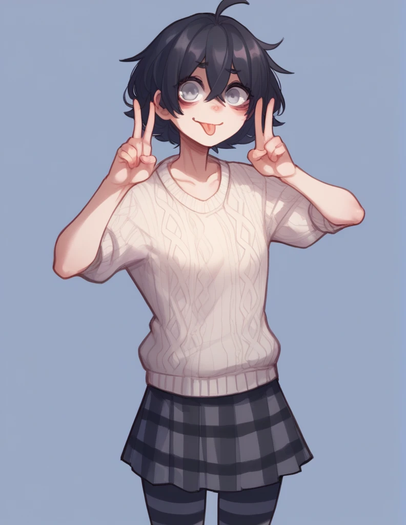 1 girl, alone, ppka, black fur, short hair, messy fur, Ahoge, parts, parts por todo el cuerpo, grey eyes, blind, very nervous, slight smile, looking at the viewer, taking out the rear, peace hands pose, Plaid mini skirt, night blue miniskirt, White sweater, gray dotted vest, Thigh High Stockings, striped tights sweet look, playful, sticking out tongue