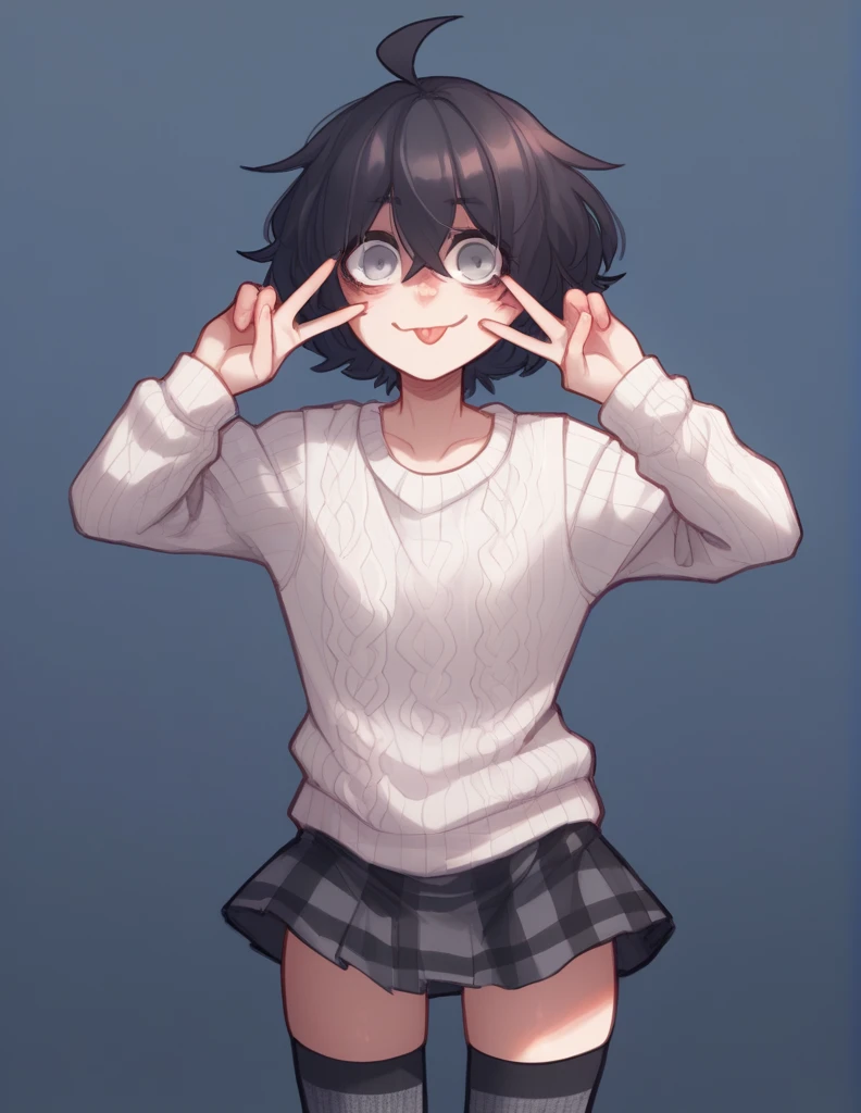 1 girl, alone, ppka, black fur, short hair, messy fur, Ahoge, parts, parts por todo el cuerpo, grey eyes, blind, very nervous, slight smile, looking at the viewer, taking out the rear, peace hands pose, Plaid mini skirt, night blue miniskirt, White sweater, gray dotted vest, Thigh High Stockings, striped tights sweet look, playful, sticking out tongue