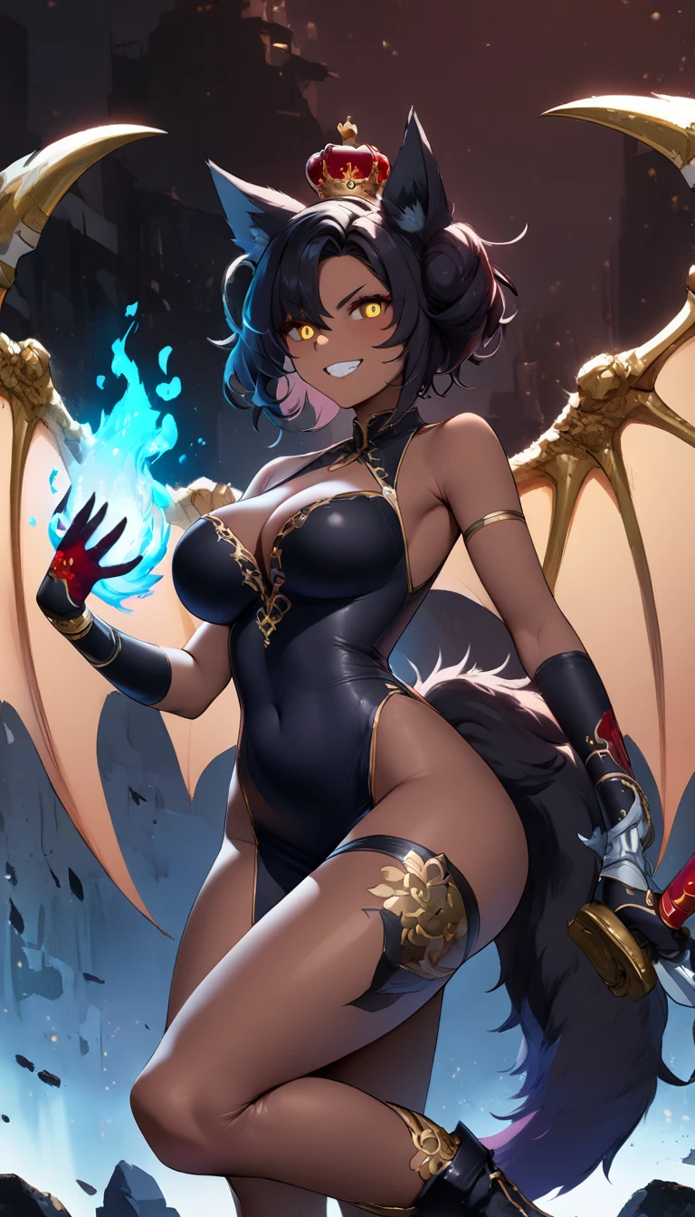 best quality,4k,8k, highres, masterpiece:1.2), ultra-detailed, extremely detailed eyes, extremely detailed body, (large masterpiece digital art), (detailed manga illustration), (detailed line art), ((perfect anatomy)), (intricate details:1.3), (ultra-detailed:1.3), (illustration:1.3), (sharp focus:1.3), (natural lighting:1.05), (vivid colors:1.3), (masterpiece), (best quality:1.4), (perfect anatomy:1.4), high quality, expressive eyes, full body, detailed face, beautiful face, perfect face, 1girl, ((dark skin)), animal ears, black sclera, smile, colored sclera, breasts, solo, monster girl, black hair, (wolf ears), large breasts, curvy, wide hips, long hair, ((gold eyes)), claws, grin, fur, looking at viewer, collar, (dynamic action pose), tail, wolf tail, dragon horns, horns, dragon wings, wings, sadistic smile, hair over eye, {regal outfit}, tiny crown, blue fire, curvy, china dress, dark skin, cinematic lighting, dramatic atmosphere, Beautiful woman, dragon spear in hand, Jeff Bridges, ((cartoon style)), Marvel Cinematic Universe style, (((demon castle in the background))), soft bokeh of hellscape, Atey Ghailan, Jeremy Mann, Greg Manchess, Antonio Moro, trend in ArtStation, trend in CGSociety, Intricate, High Detail, Sharp focus, dramatic and photorealistic painting art by Midjourney and Greg Rutkowski,