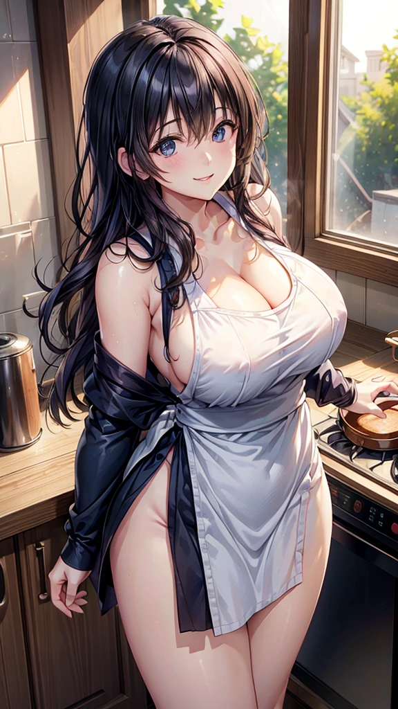 ((true))、(masterpiece、best quality)、Thermal (Mature woman)、woman standing in kitchen、Wearing a white sleeveless shirt、Wide hips、Wearing a black apron、(comb hair back)、Short skirt、Smile、For the audience、wardrobe、stove、window、blue eyes、black shiny hair，full，Large Breasts，cleavage，Big Ass