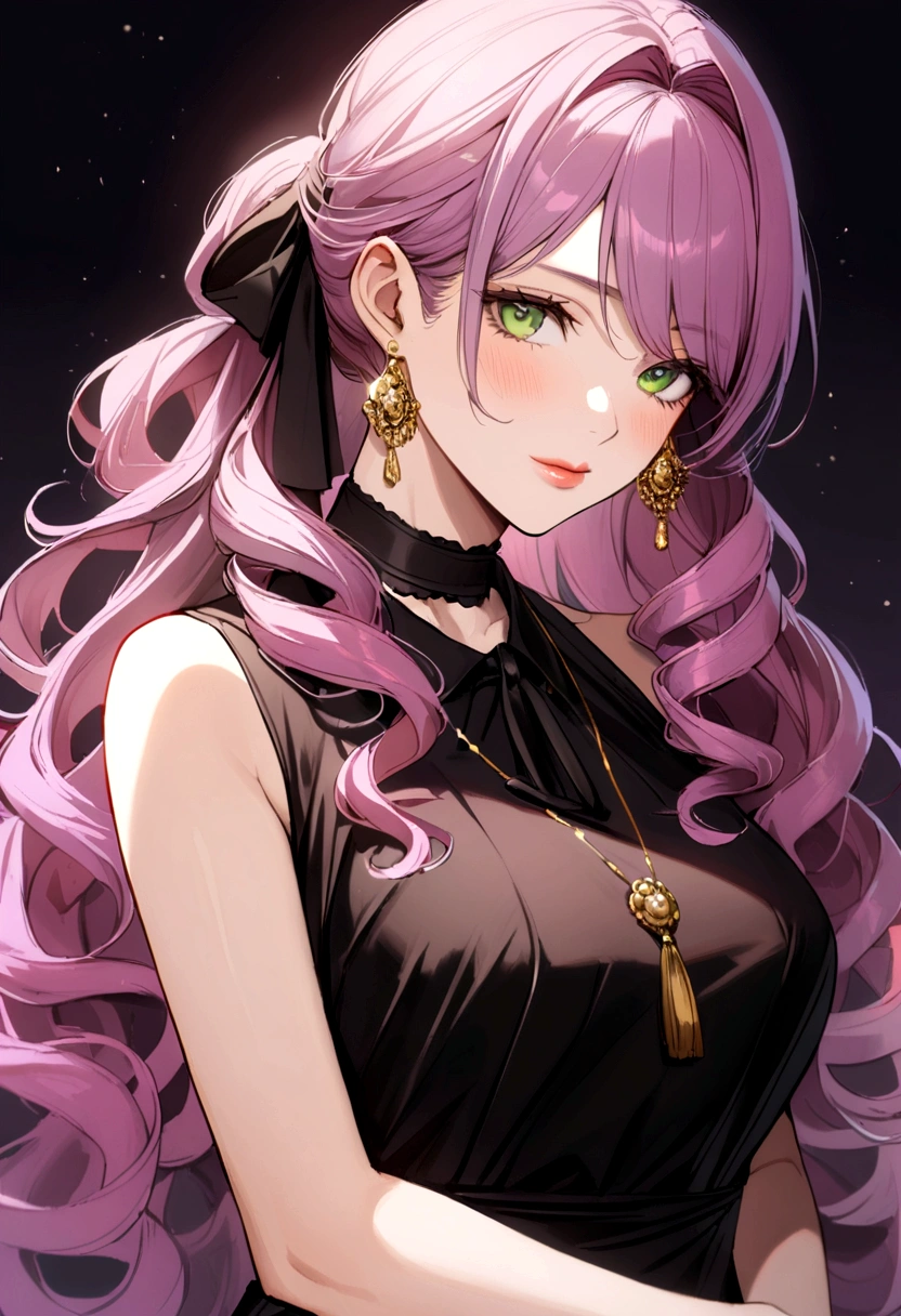 40 year old woman, pink purple hair, long curly hair, green eyes, gold earrings, black dress, black ribbon around neck.