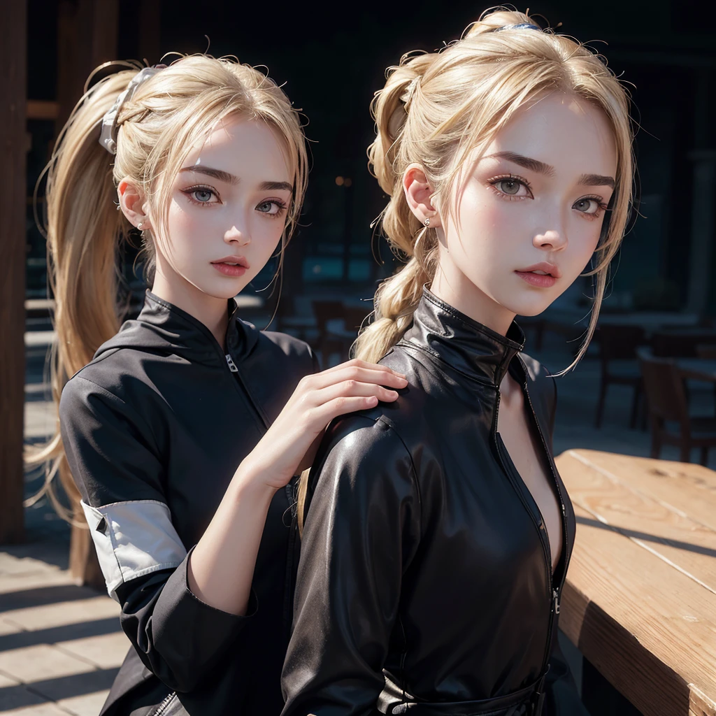 Hyperrealistic 20-year-old woman, sharp nose, looks beautiful and authoritative, fair skin, blonde hair (((ponytail hairstyle )))), and wearing a black hooded jacket. body position facing the camera with hands in ready position, facial details (((sharp nose details, small eyes, natural eyebrows, mouth )))), eyebrows far away from eyes, in a coffee shop. lipgloss, eyelashes, shiny face, shiny skin, best quality, high resolution, depth of field, chromatic aberration, caustic, Wide lighting, natural shadows, High quality photo, UHD, 16K, 1 girl, 3D, dark theme.