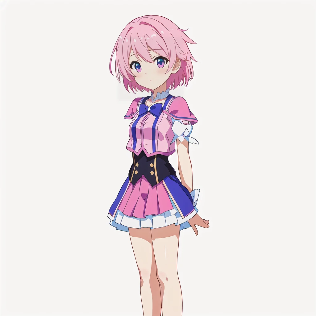 Highest quality, high resolution, High quality anime art style, Official Art, Smooth anime CG art, Stylized anime, Cute 3D anime girl render, Visual Novel Sprites, White background, whole body, Anime-style 3D, Smooth anime CG art, Humanoid Girl, JRPG Characters, Magical Girl Style, Pink Hairと紫色のドレスを着たアニメの女の子, Pink Hair, Cyan Eyes, short hair, Pink ribbon, holding a flute in his right hand ,Small Bust, Small breasts,