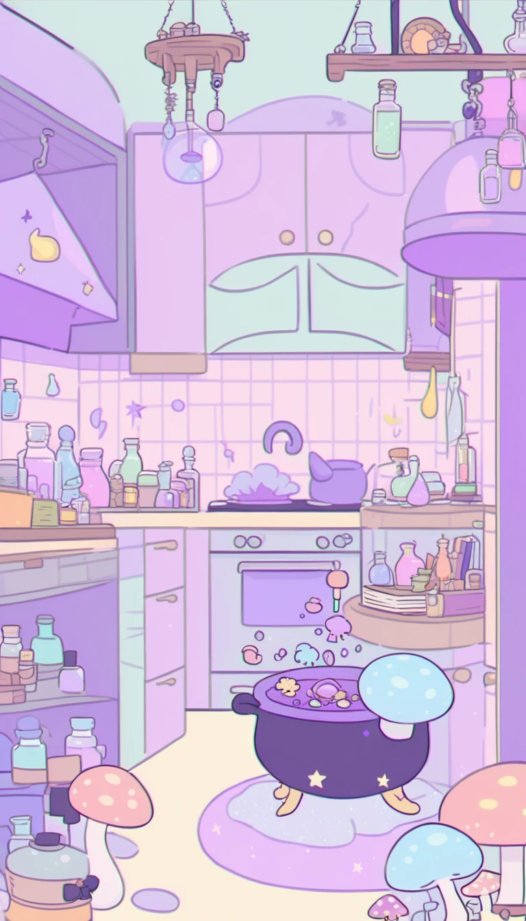 cute, witchy, kitchen, with bubbling cauldron, light colors, pastel colors, potions, books, magical mushrooms