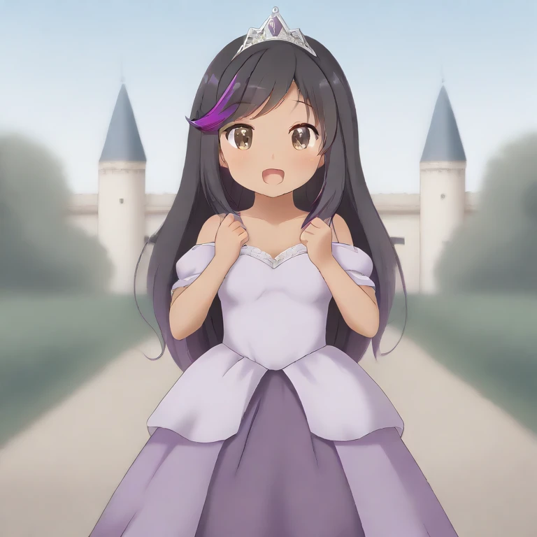 Dark skinned female, , mediumbreasts, princess gown and tiara, black hair, long hair, brown eyes, purple highlights, castle gtounds, outside, daytime, cute smile, lipgloss, singing to her subjects, royal garden