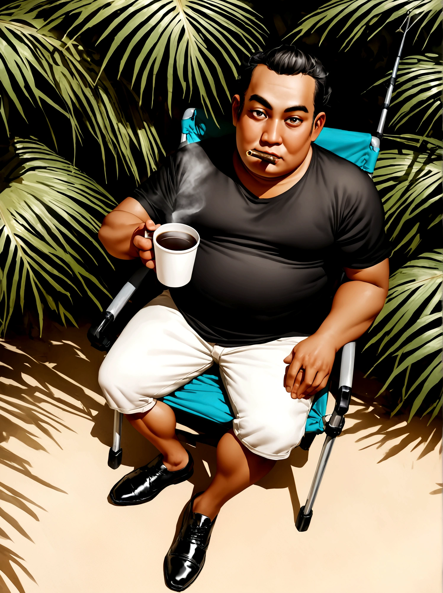 Realistic 4D caricature of a 20 year old Indonesian man with big head, slightly round but not oval face, fat body with slightly wavy/curly hair, very short haircut with a neat comb from left to right, thin forehead and wearing a black t-shirt covered with a beach shirt floral motif, white trousers and black shoes. Sitting in a camping chair looking cool while holding a cigar, on the table there is a cup of hot coffee and behind him is a fishing rod. beach and coconut plantation background. soft photography. light beams from above and left and right. Very high detailed image. full body focus
