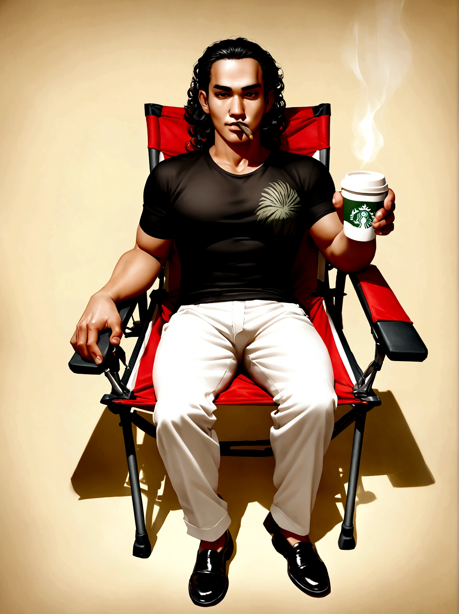 Realistic 4D caricature of a 25 year old Indonesian man with a big head, slightly fat body with short neat and slightly curly hair, thin forehead and wearing a black t-shirt covered with a floral beach shirt, white trousers and black shoes. Sitting in a camping chair looks cool while holding a coffee cup, cigarette, cigar and a fishing rod. beach and coconut plantation background. soft photography. light beams from above and left and right. Very high detailed image. full body focus