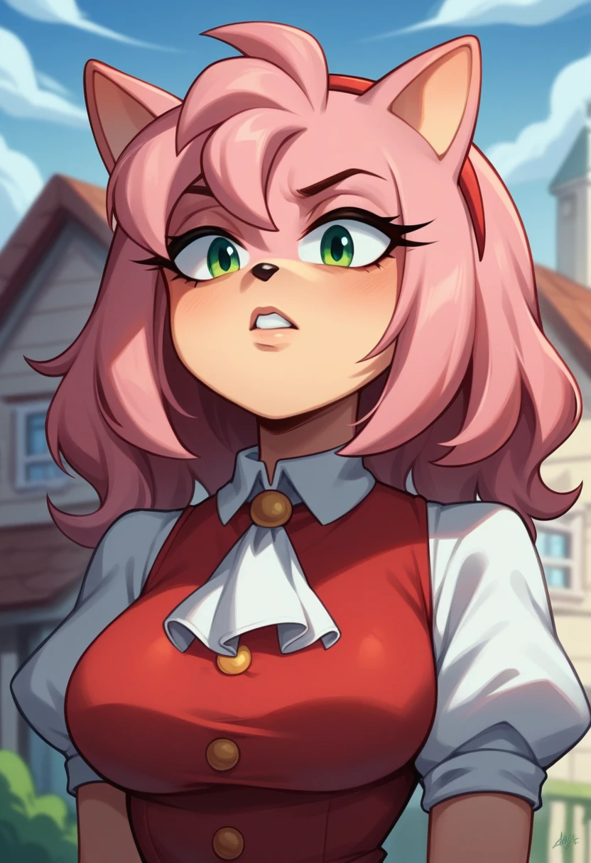 Female Hedgehog, (Amy Rose), (1girl), (solo), hair down, (long wavy hair/quills), large breasts, eyelashes, puzzled expression, (looking downward at herself), house, milf, mother-like age, daytime, mobian, mobius city, upper body.
For attire, she wears a long maroon red dress with a white trim at the bottom of the puffy sleeves, a burgundy-fitted vest, a white ascot,