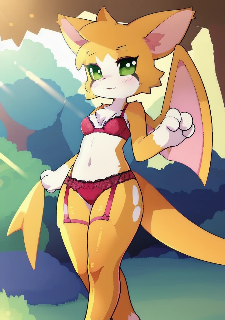 uploaded on e621, (by Dagasi), (kemono:1.3), (((fidget (elysian tail)))),  solo, green eyes, membranous wings, female toder, Small, beautiful and detailed green eyes, looking at viewer, flat breasts, (thick thighs ), thin, slender body, thin, slender body, somewhat elongated body, feline appearance, (blush), (4 fingers), beautiful hands, ((detailed background:1.5, depth of field, half body shadow, sunlight, ambient light on the body)), (intricate:0.7), (high detail:1.3), (soft focus:1.15), (masterpiece, best quality, 4k, 2k, shaded, absurd res), wearing victoria's secrets lingerie, lace bra, lace stockings, garter belt, lace panties,