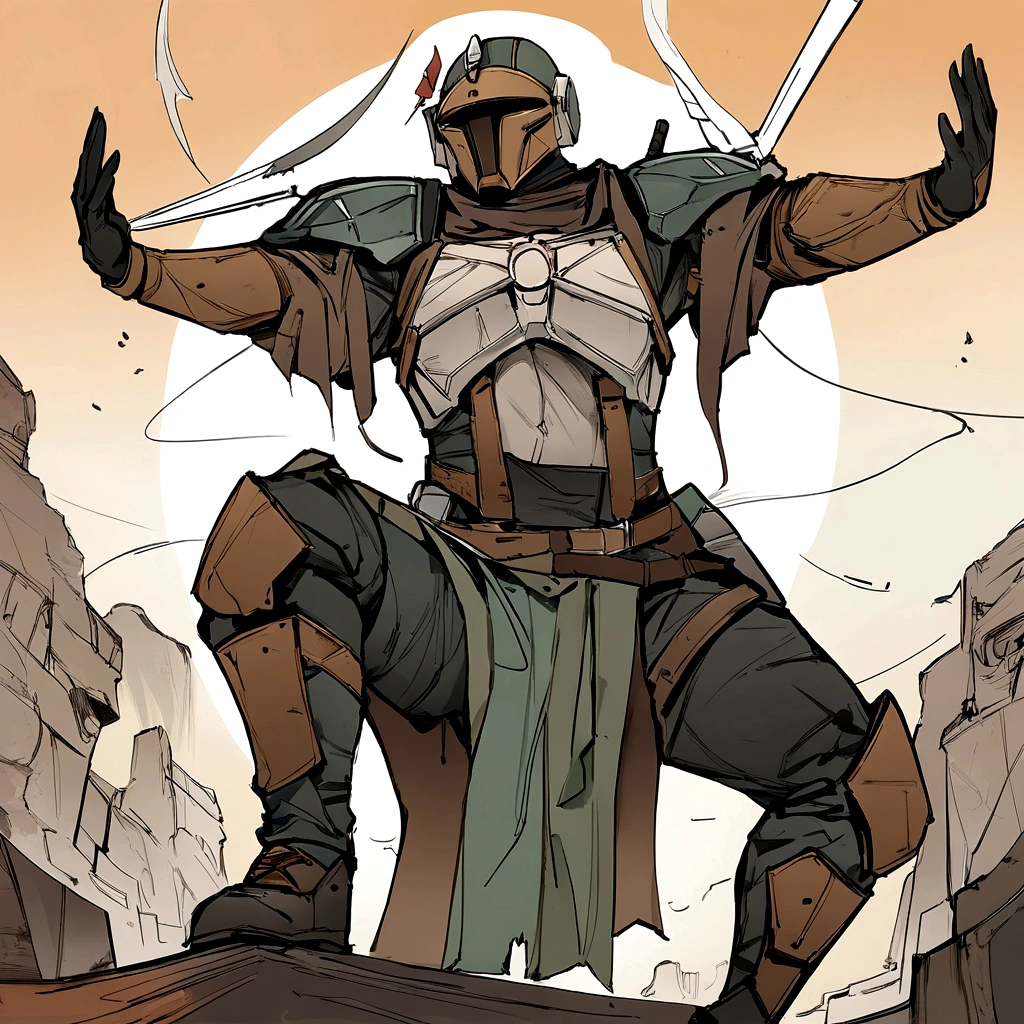 The Mandalorian playing a slot machine Drawing in ink, Digital illustration, Comic strip style, acuarela, Art Station Style, arte conceptual, 2 d illustration, por Peter Draw, por Carne Griffiths, por Wadim Kashin, cuerpo completo, centrado, detallado, Suave, dynamic  pose, --v 5.1 --ar 3:4