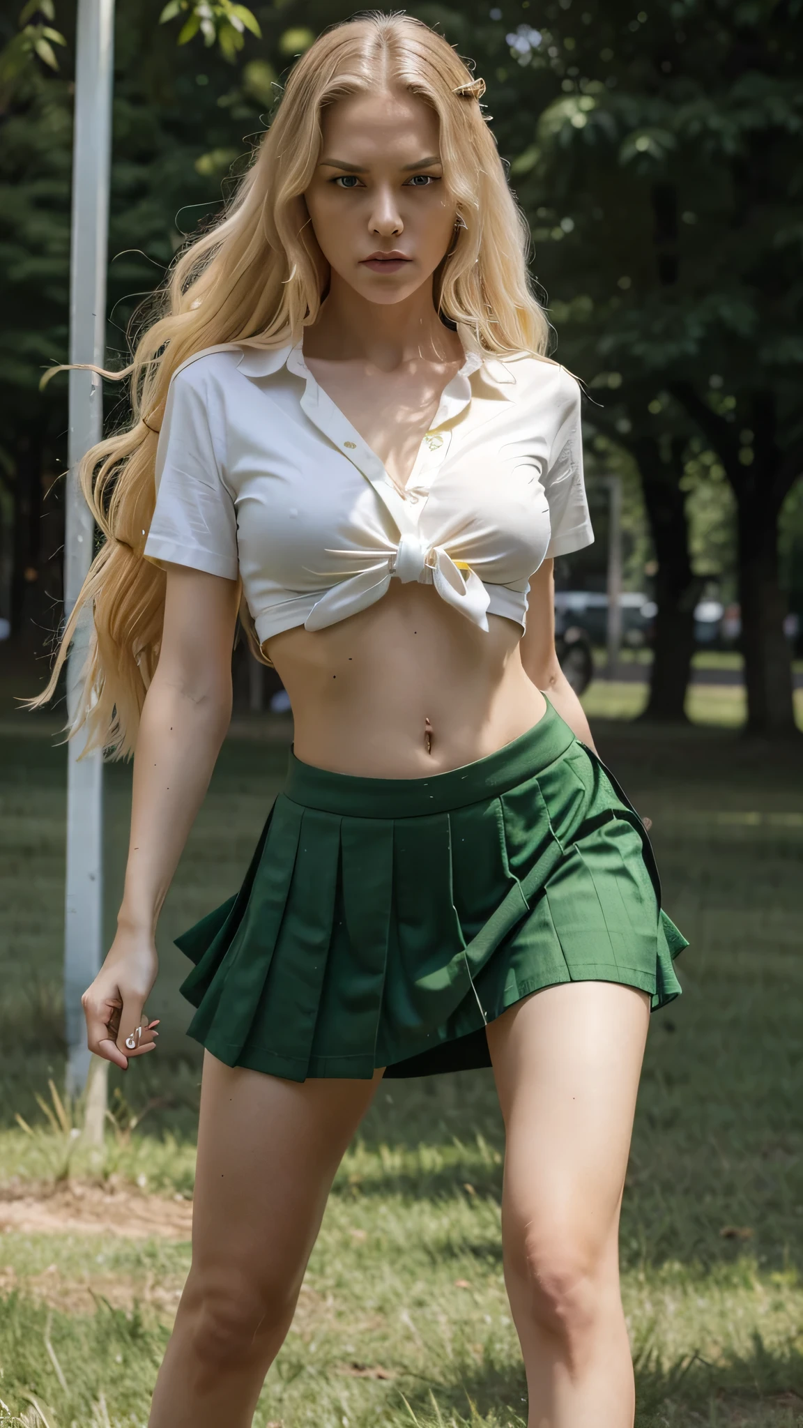 A tall girl beautiful angry upset face angry serious long wavy yellow hair her green eye wears a white shirt button tied knot shows navel sexy curve and her green skirt wearing black heels sneakers fighting combat battle