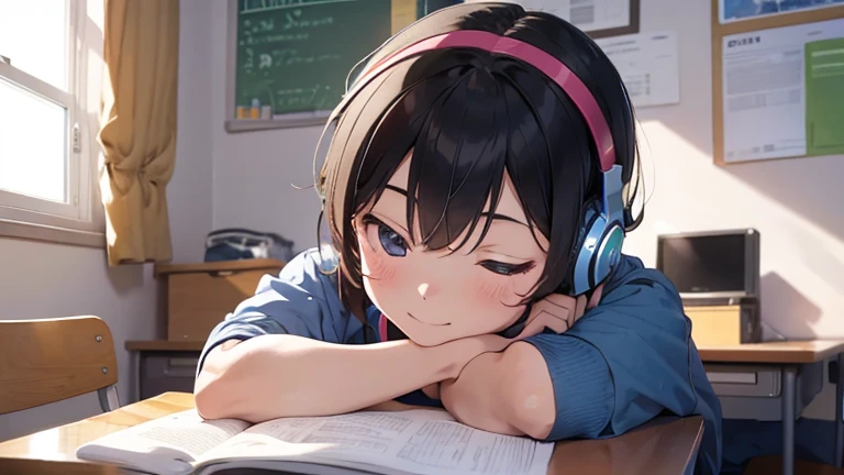 Elementary school boy who was studying in his room but fell asleep, looking happy, wearing headphones