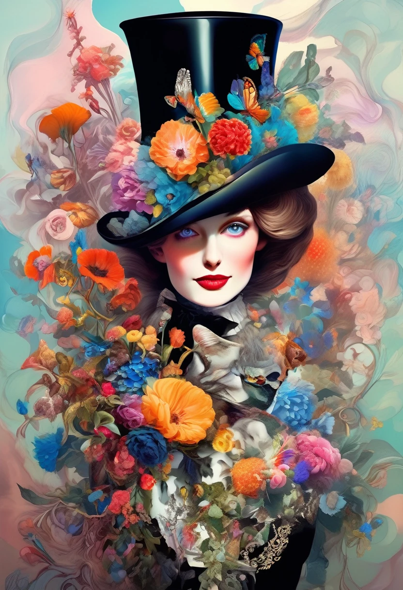 In a beautiful surreal portrait, Curious woman wearing a flower-decorated high hat、(((A top hat decorated with lots of flowers、Flower arrangement top hat)))、 This image is truly a surrealist piece of digital art., Inspired by the magical works of Maxim Verekin. The details of the illustrations are impressive, Vibrant colors and fascinating textures catch the viewer&#39;s attention. A portrait that captures the essence of Flower Storm, An emotional blend of dream and natural elements. Through photo manipulation and surrealist techniques, Portraits come to life, Beyond the boundaries of reality、Transport your audience to a world full of imagination and wonder. Style refers to the influence of Alexander Jansson, In a dreamy, dreamy atmosphere, Where surrealism meets fantasy. Every digital stroke is、Well-built，Convey a unique and captivating aesthetic. Inspired by Alberto Seveso, The depiction of surrealism is、Smooth brush strokes give a lively impression, Remember the dance of movement and change. This beautiful digital art is、that&#39;Celebrating human creativity and our ability to transcend the boundaries of reality, The audience is immersed in a world full of imagination and charm.