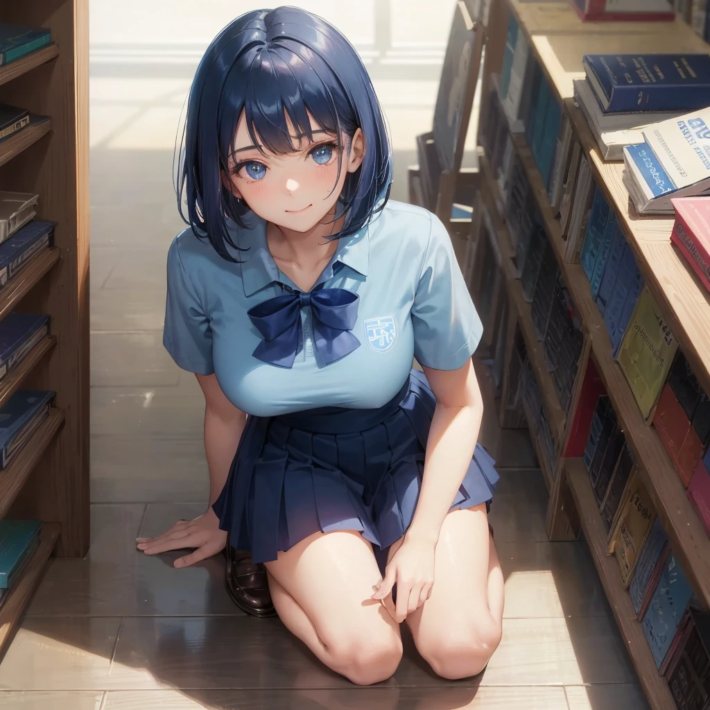 1. High school girl　17-year-old female　Bobcut　dark blue hair color　High School Uniform　Light blue Y-shirt　Short sleeve　Blue Ribbon　dark blue hair color　Slim figure　Large Breasts　Full body portrait　School library　Smiling Kindly　Laugh a little　library　Hand Signs　squat　Kneel　Look up here　