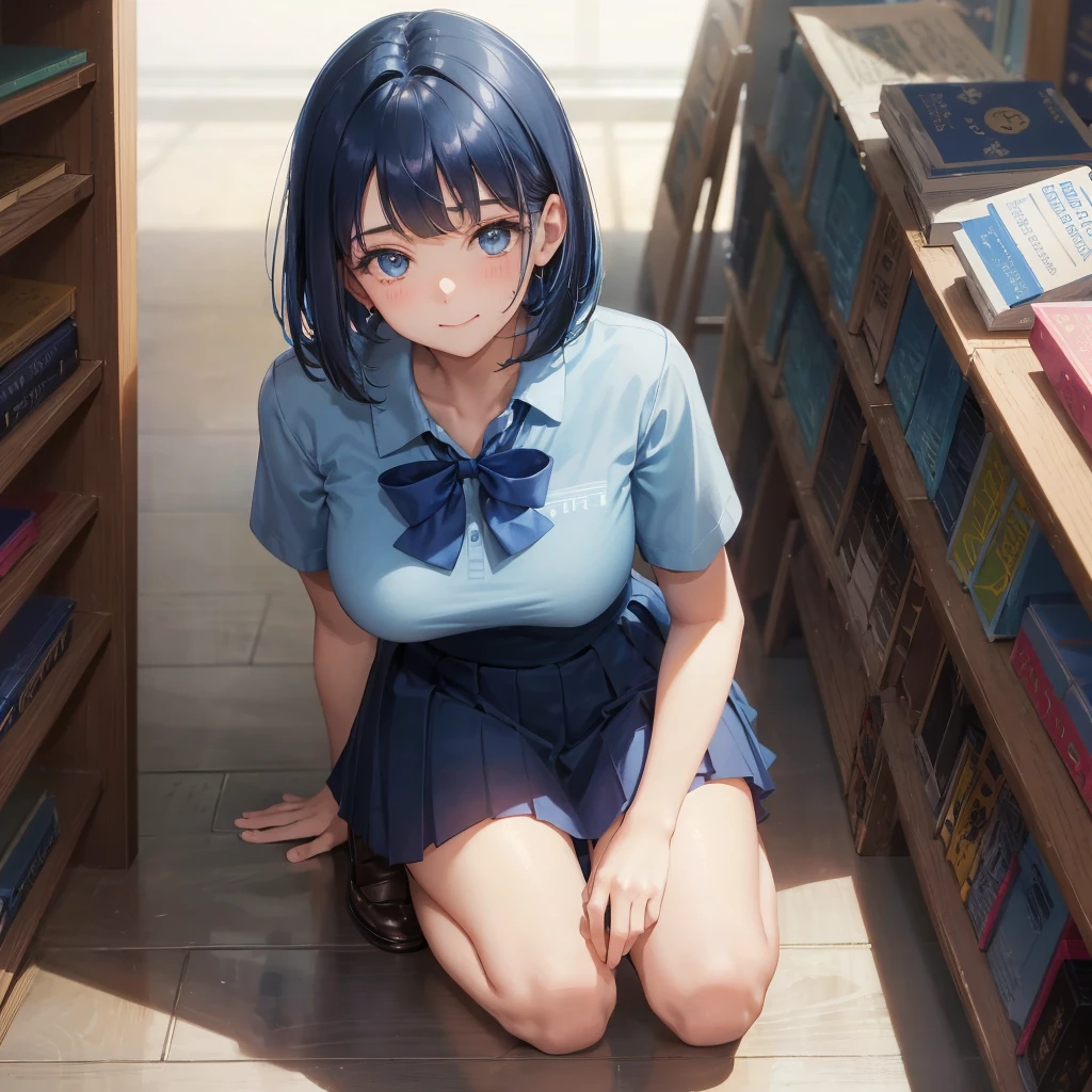 1. High school girl 17-year-old female Bobcut dark blue hair color High School Uniform Light blue Y-shirt Short sleeve Blue Ribbon dark blue hair color Slim figure Large Breasts Full body portrait School library Smiling Kindly Laugh a little library Hand Signs squat Kneel Look up here