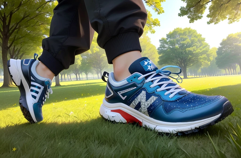 有人没有穿鞋在Walk on the grass, Military)Stars and Patches, running shoes, Walk on the grass, Focus only on the feet, Photos of feet, Take a walk in the park, photo outdoors, Popular photos, patriotism, fashionable, 5K, Five thousand, A sunny day, Sexual