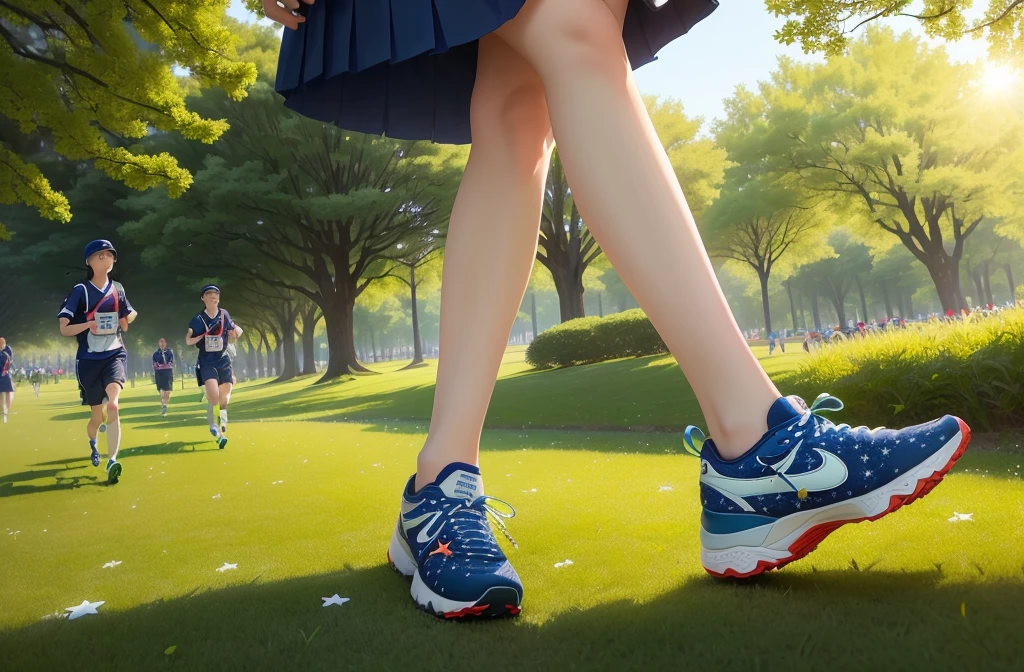 有人没有穿鞋在Walk on the grass, Military)Stars and Patches, running shoes, Walk on the grass, Focus only on the feet, Photos of feet, Take a walk in the park, photo outdoors, Popular photos, patriotism, fashionable, 5K, Five thousand, A sunny day, Sexual