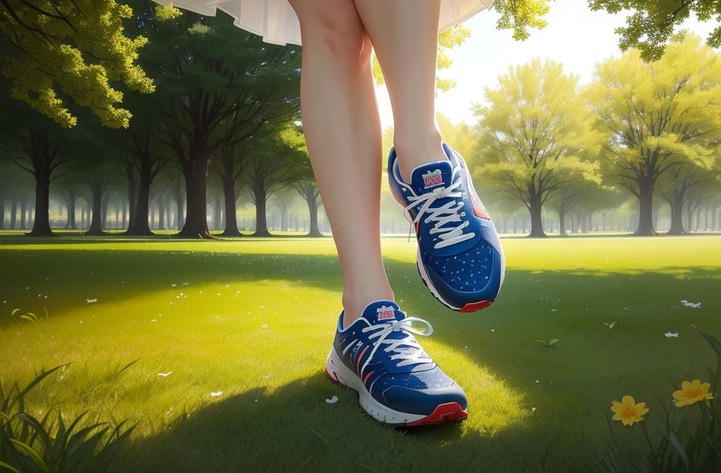 有人没有穿鞋在Walk on the grass, Military）Stars and Patches, running shoes, Walk on the grass, Focus only on the feet, Photos of feet， Take a walk in the park,  photo outdoors, Popular photos, patriotism, fashionable, 5K, Five thousand, A sunny day, Sexual