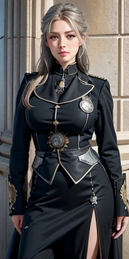 photorealistic, high resolution, soft light,1women, solo, hips up, (detailed face), badge, medieval fantasy dark military uniform, dark colors, silver hems, steampunk, Victorian police