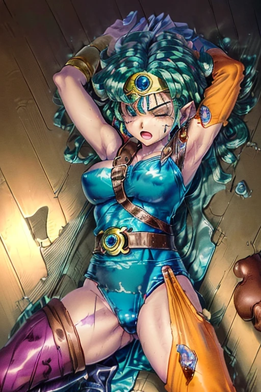 (((Dragon Quest 3 Costume)))、(((Female Hero)))、(((Almost dead)))、(((hang)))、(((suffering)))、(((Your clothes are torn)))、((Make the most of your original images))、((It is violently destroyed))、(((cadaver)))、(((Hanging)))、(((Weaknesses)))、((Bloodstained))、((Stockings are torn))、((Best image quality、8K))、Ultra-high resolution、(((Something sticky is clinging to me)))、(((The shield I was holding was broken)))