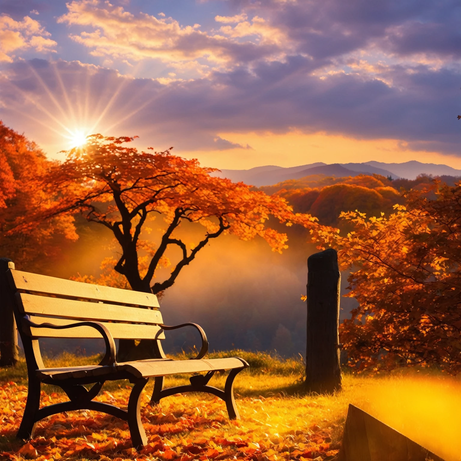 (Highest quality, High resolution), Vibrant colors,Low - Angle,
(古びたwood製のベンチ:1.3),Fascinating and enchanting autumn scenery. Warm earth tones, Soft and natural lighting.Autumn leaves background, Vibrant colorsの葉, The golden leaves gently fall, wood々Warm sunlight shining in from between, Peaceful and calm atmosphere, Soft rays of light illuminating the scene, The sound of rustling leaves, Fresh, cool air, Textured bark, A carpet of fallen leaves on the ground, Quiet and picturesque setting, Natural beauty in full bloom,