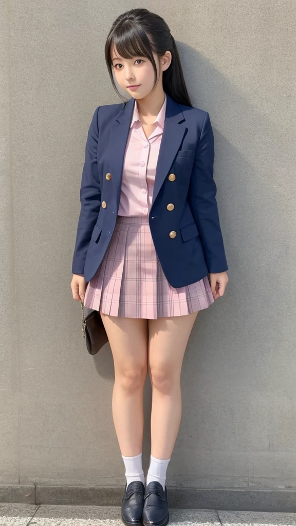 A Japanese 18-year-old high school girl in a navy blue blazer uniform、Grey and pink checked mini skirt、Plump thighs、whole body
