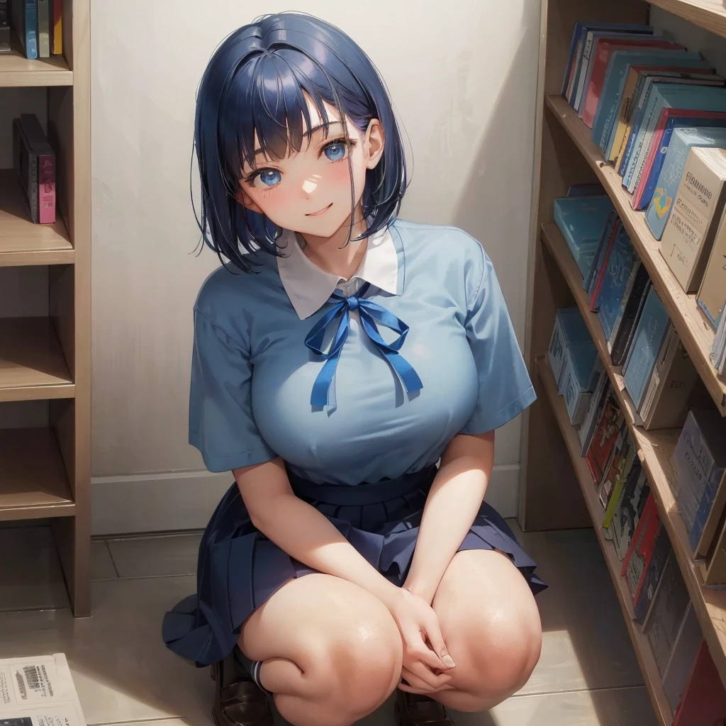 1. High school girl 17-year-old female Bobcut dark blue hair color High School Uniform Light blue Y-shirt Short sleeve Blue Ribbon dark blue hair color Slim figure Large Breasts Full body portrait School library Smiling Kindly Laugh a little library Hand Signs squat Kneel Look up here