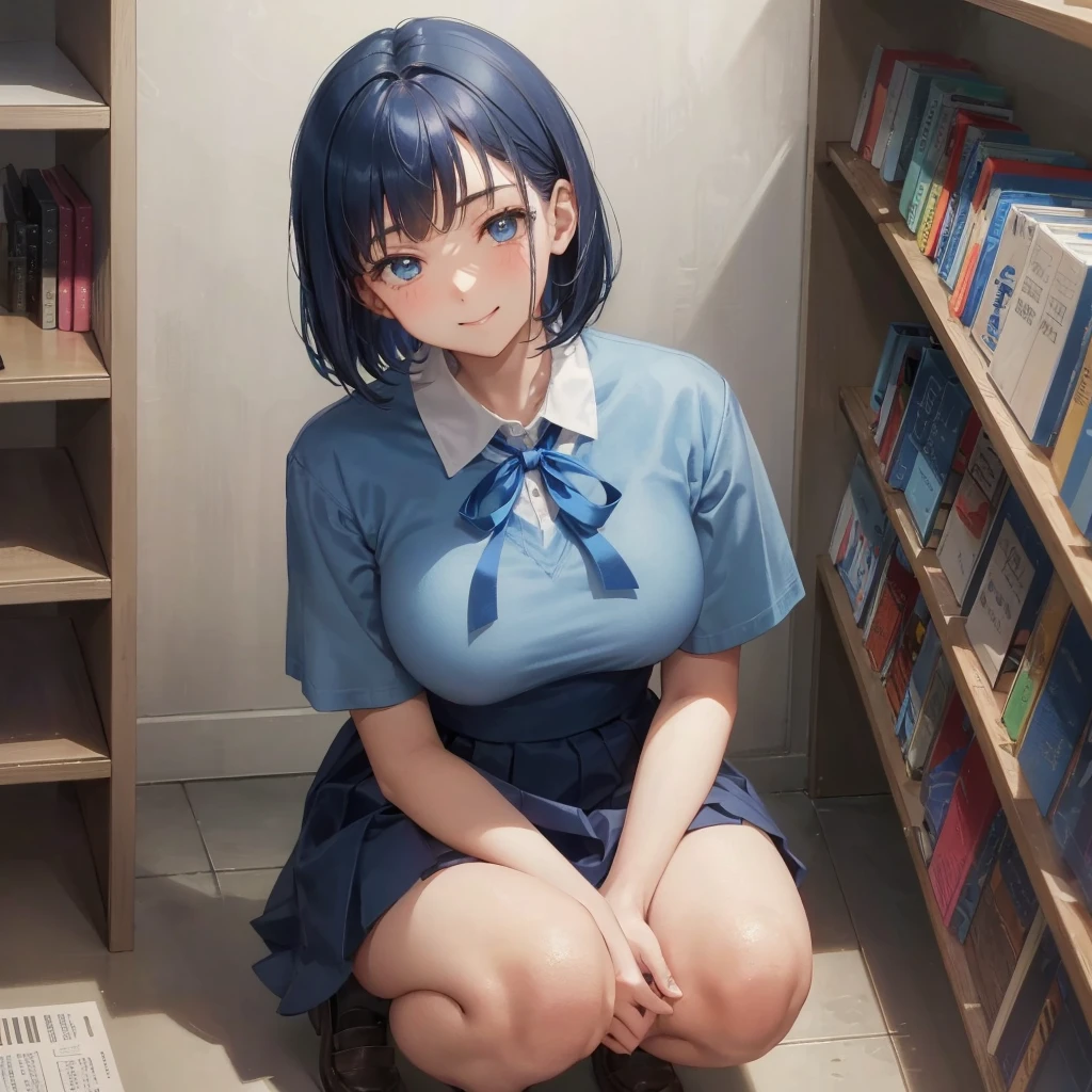1. High school girl　17-year-old female　Bobcut　dark blue hair color　High School Uniform　Light blue Y-shirt　Short sleeve　Blue Ribbon　dark blue hair color　Slim figure　Large Breasts　Full body portrait　School library　Smiling Kindly　Laugh a little　library　Hand Signs　squat　Kneel　Look up here　