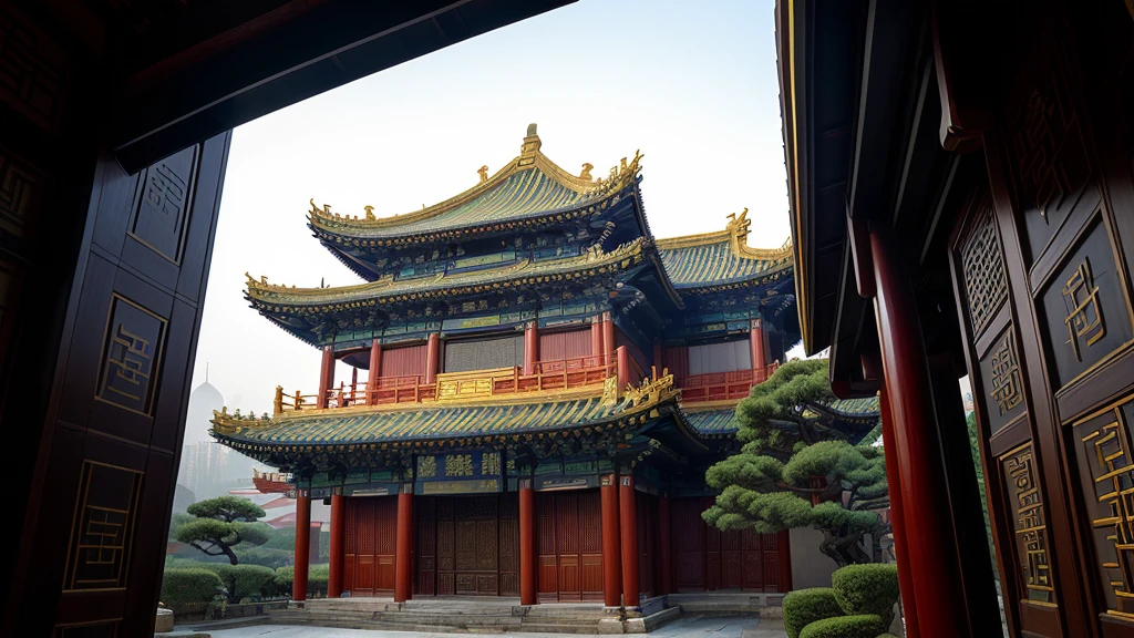 Building with clock on the roof in the style of a Van Gogh painting, Chinese architecture, in line with ancient Chinese aesthetics, Chinese architecture, architectural shots, complex architecture, complex roof, a temple, Chinese style, viewed from slightly below, ancient Chinese tower, architectural layers, pagoda, a temple, Chinese palace, New China, temple background