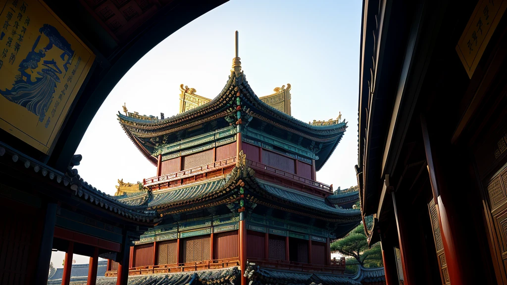 Building with clock on the roof in the style of a Van Gogh painting, Chinese architecture, in line with ancient Chinese aesthetics, Chinese architecture, architectural shots, complex architecture, complex roof, a temple, Chinese style, viewed from slightly below, ancient Chinese tower, architectural layers, pagoda, a temple, Chinese palace, New China, temple background