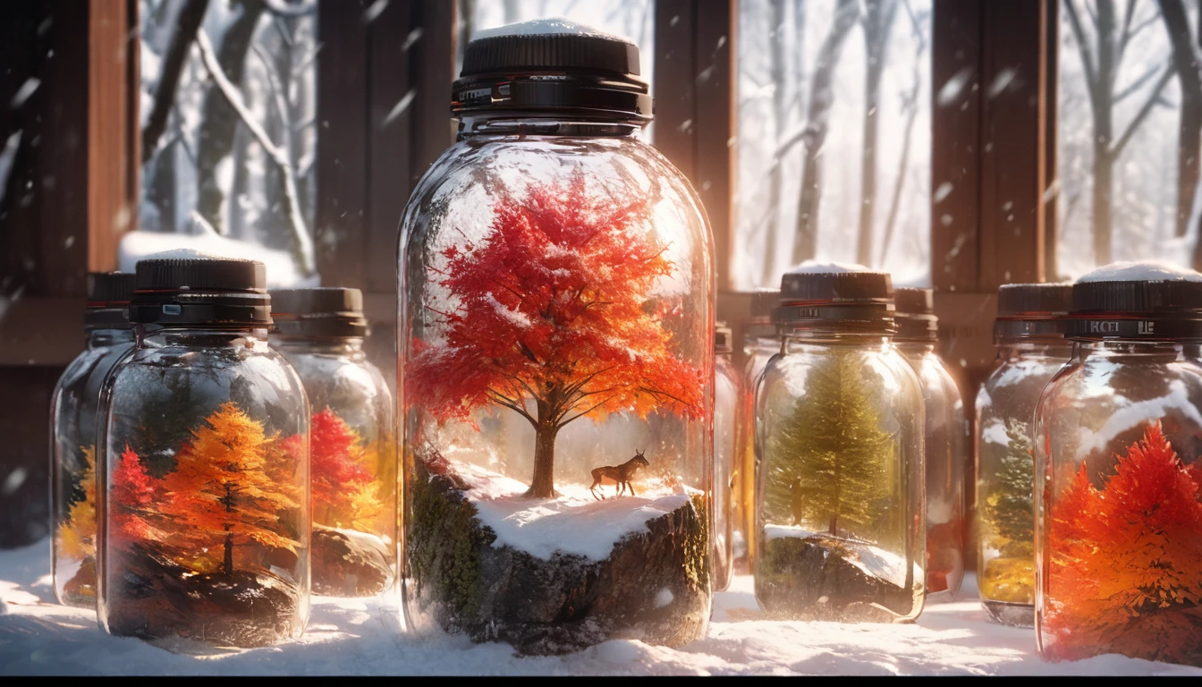 Autumn maple tree in a bottle, Fluffy, Practical, Atmospheric light refraction, Outside the bottle is a winter snowy forest，Photo by Lee Jeffries, Nikon d850 film stock photos 4 Kodak portra 400 camera f1.6 Guns, rich and colorful, ultra Practical Practical textures, Winter snow， Unreal Engine Trends 800 on artstation cinestill, Style - Glass