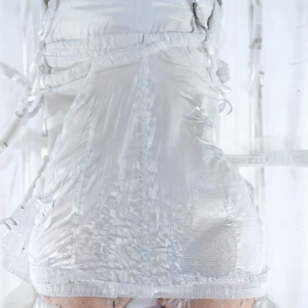 Claudia Doumit in a very transparent white dress with neon lighting details