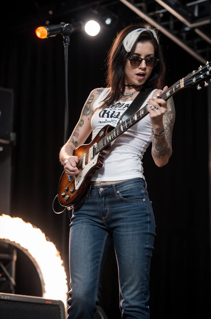 girl punk, black les paul guitar, 70's, stage, tattoos, jeans, white shirt, singing, fire behind, black and white, shades