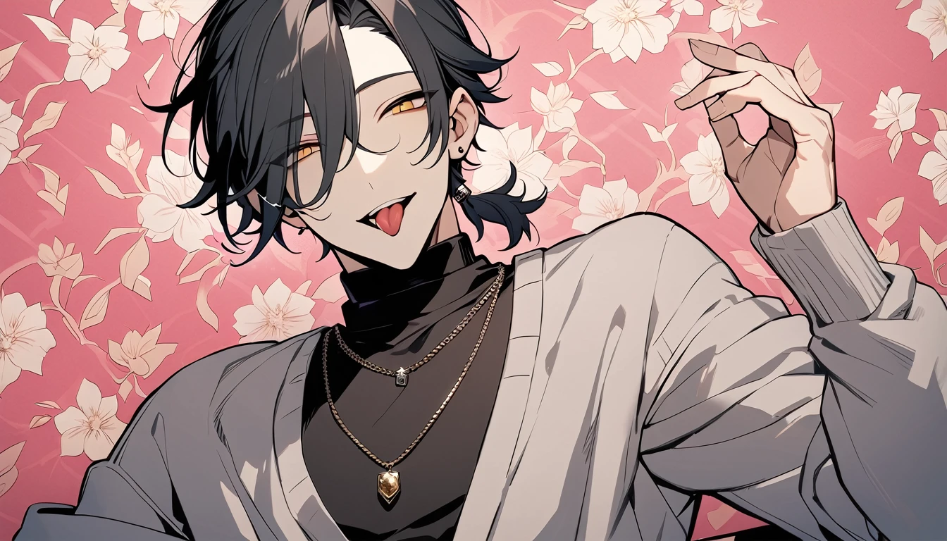 ((((best masterpiece, best quality, wallpaper,)))) solo, guy, male body, small muscles, flat chest, 1male, 30 years old, handsome man, dramatic angle, upper body, looking at viewers, beautiful detailed, tongue out, mediumturquoise hair, ((((Lower short ponytail)))), asymmetrical bangs, ((short hair,)) ((( jitome, gold eyes, ^o^, tareme, droopy eyes,))) (((perfect face, extremely detailed eyes,))) perfect hands, sharp nose, clear face, black turtleneck, grey cardigan, ((silver piercing, pendant,)) leggings, pink background color ultrasharp, 8K, masterpiece,