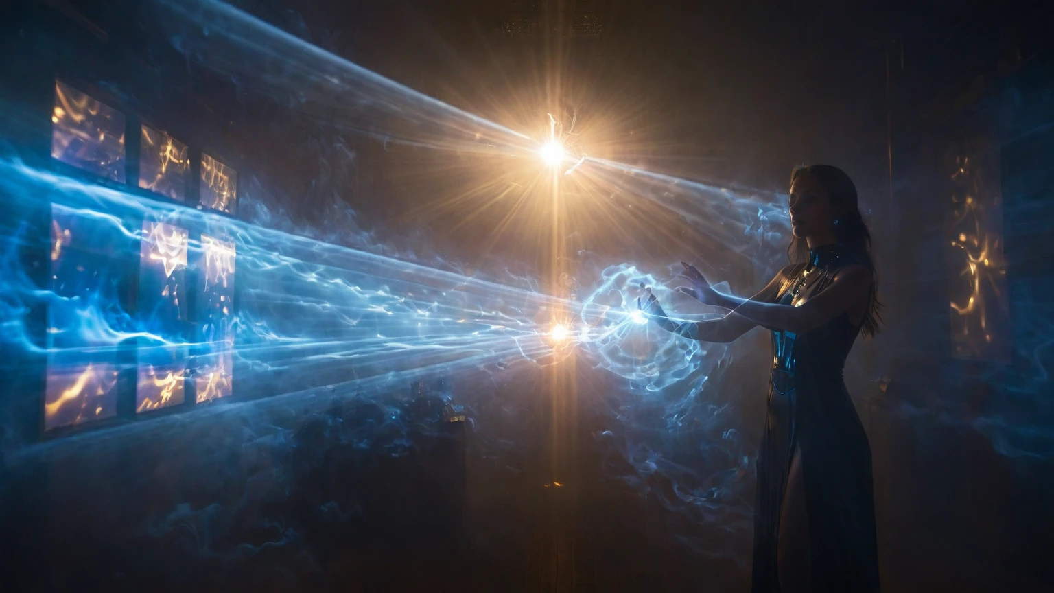 The goddess who controls the light beam, beautiful, backlight, surrealism, godhead, cyber surge, blue-black tones, light shining through the smoke, scattering, refraction, diffuse reflection, tyndall effect, Brownian motion, light beam, dark environment.
