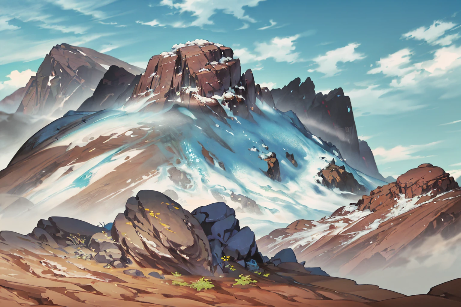 summer, brown rock area, brown rock formation, (illustration : 1.0), Narrative composition, realistic lighting, HD detail, masterpiece, best quality best, (Highly detailed CG integrated 8k wallpaper), wide and flat rocky area, A small, sharp, rough rock at the top of the screen.
