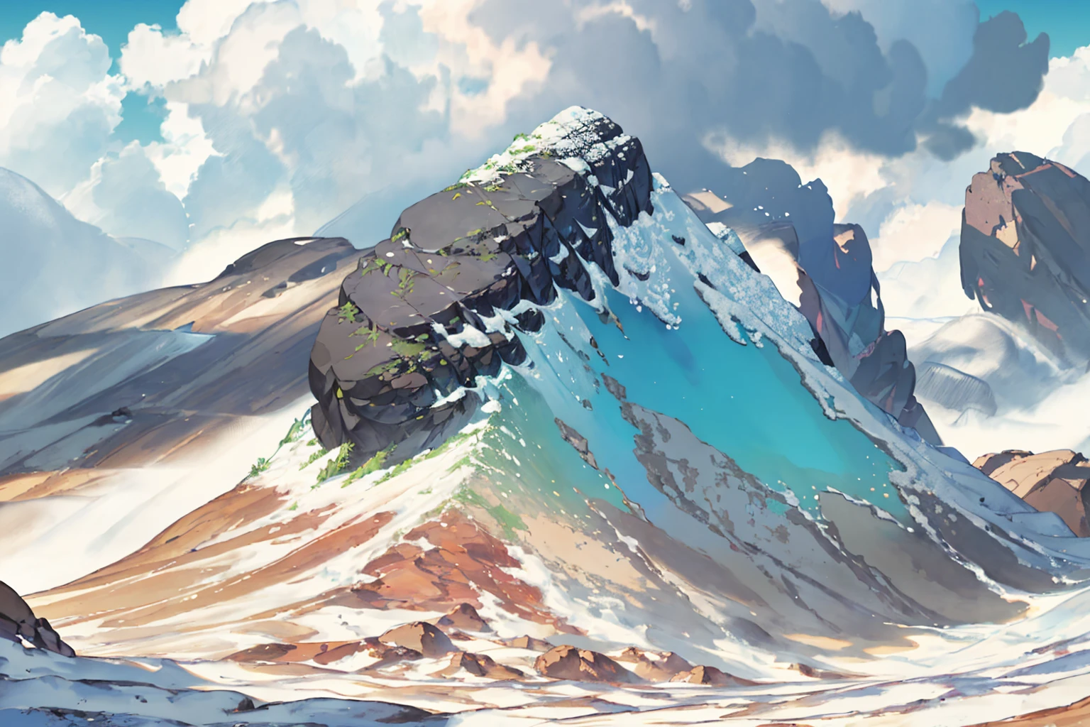 summer, brown rock area, brown rock formation, (illustration : 1.0), Narrative composition, realistic lighting, HD detail, masterpiece, best quality best, (Highly detailed CG integrated 8k wallpaper), wide and flat rocky area, A small, sharp, rough rock at the top of the screen.