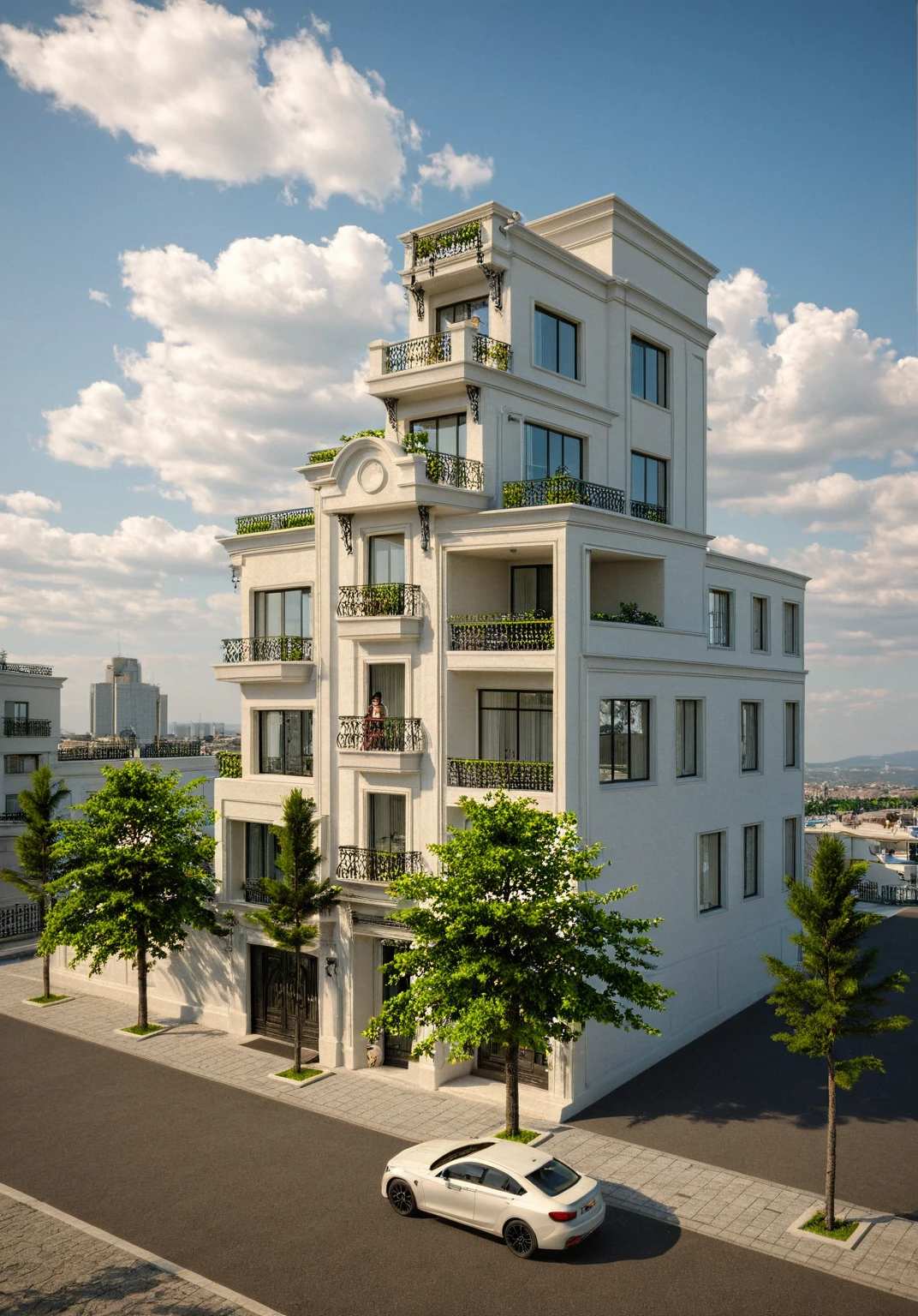 Raw photo,Masterpiece, high quality, best quality, authentic, super detail,
exterior, outdoors, house style neoclassic on the street ,aiaigroup, car, human, man, girl, motobike
road,pavement, grass, trees, sky, cloud, (day:1.1)