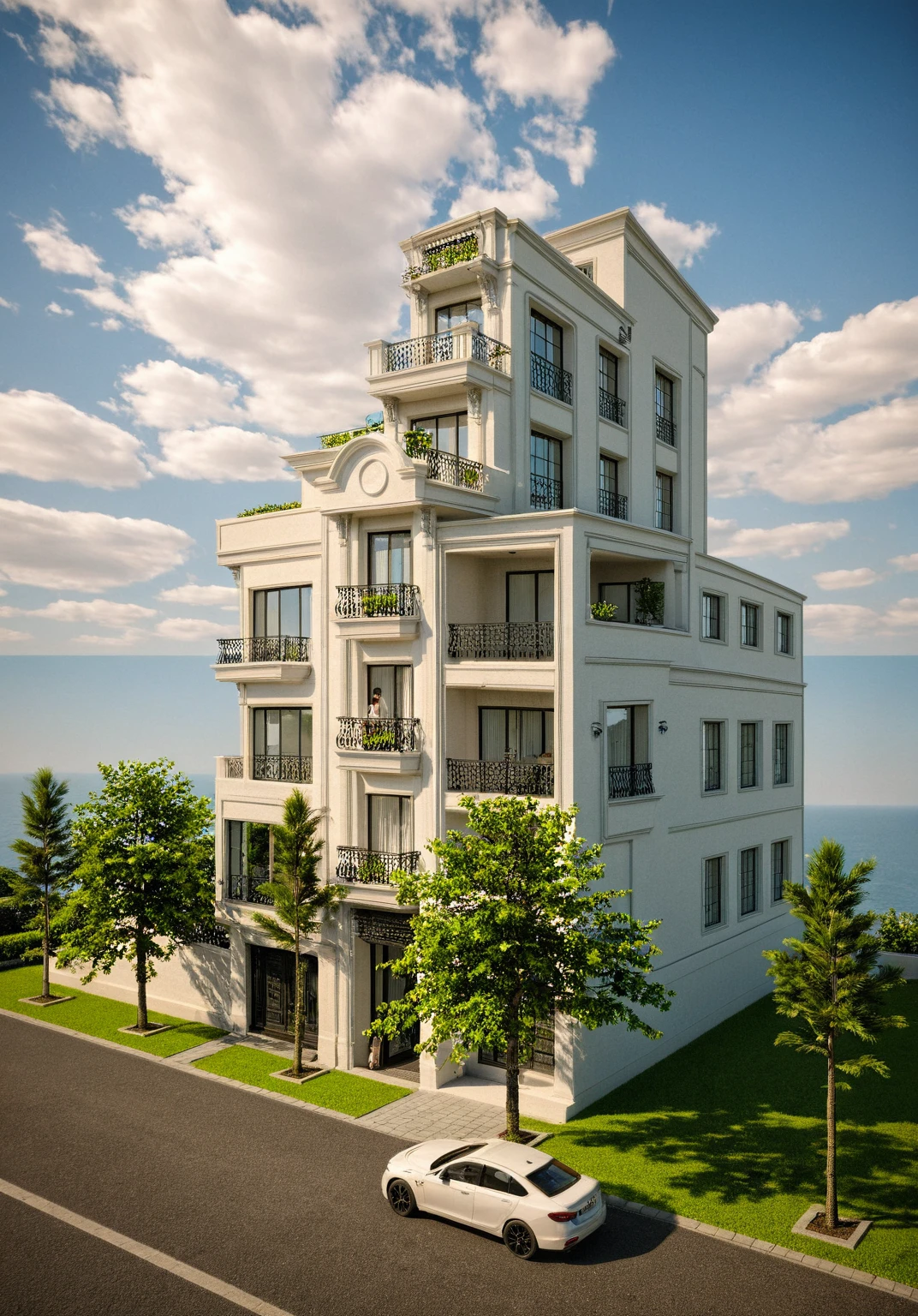 Raw photo,Masterpiece, high quality, best quality, authentic, super detail,
exterior, outdoors, house style neoclassic on the street ,aiaigroup, car, human, man, girl, motobike
road,pavement, grass, trees, sky, cloud, (day:1.1)