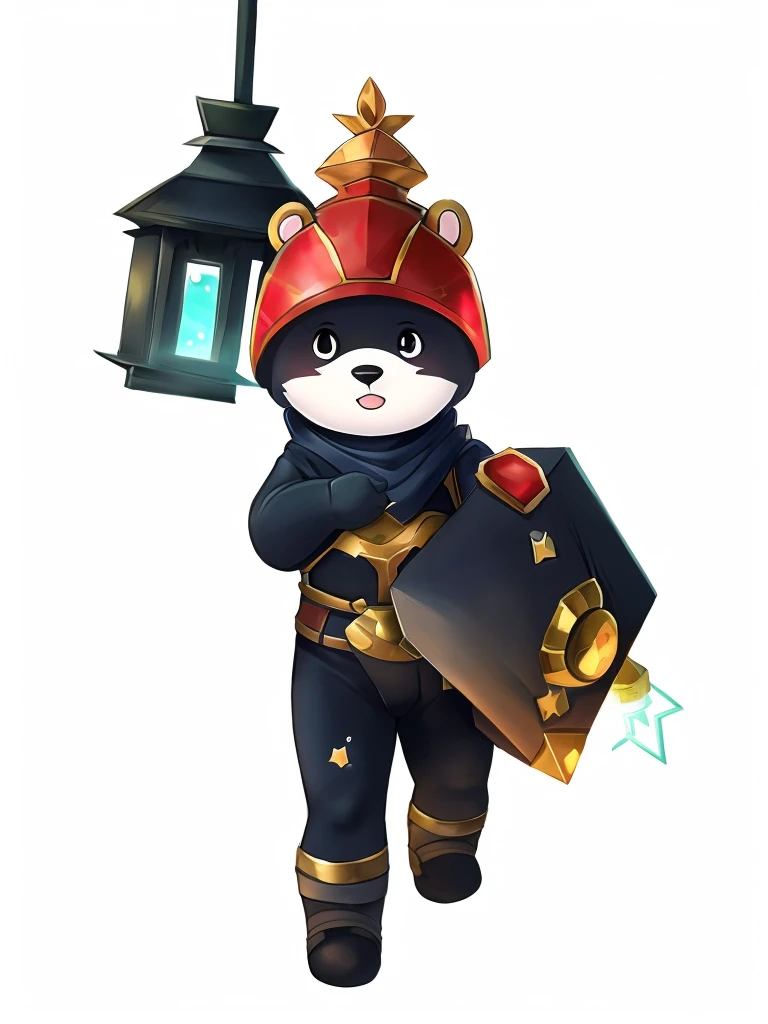 chubby, male, boy, small, bear, high res, furry, lantern, hammer, red helmet, chubby body, sparkles, thunder power, white fur, black fur in the chest, pretty, cute, man