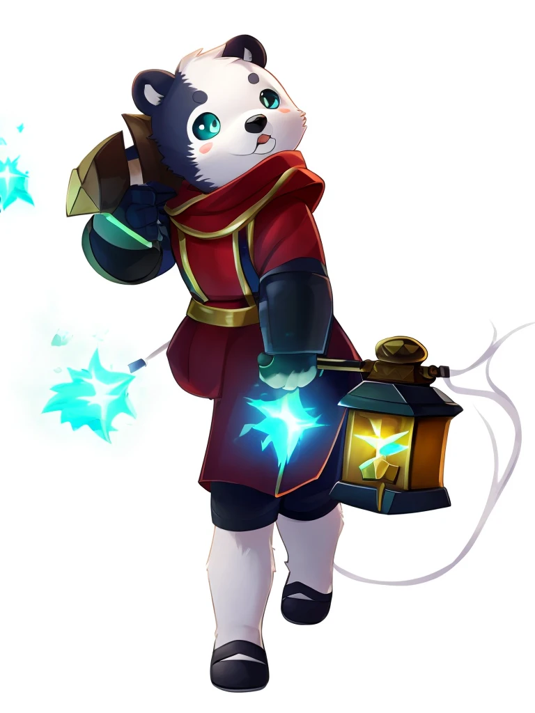 chubby, male, boy, small, bear, high res, furry, lantern, hammer, red helmet, chubby body, sparkles, thunder power, white fur, black fur in the chest, pretty, cute, man