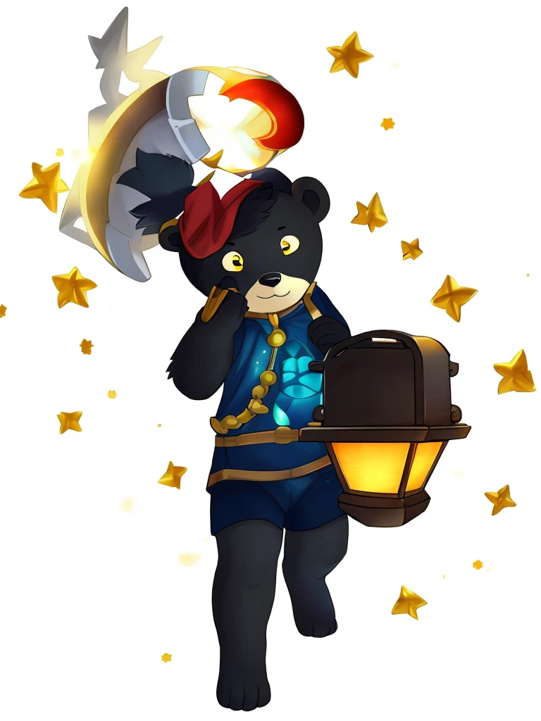 chubby, male, boy, small, bear, high res, furry, lantern, hammer, red helmet, chubby body, sparkles, thunder power, white fur, black fur in the chest, pretty, cute, man