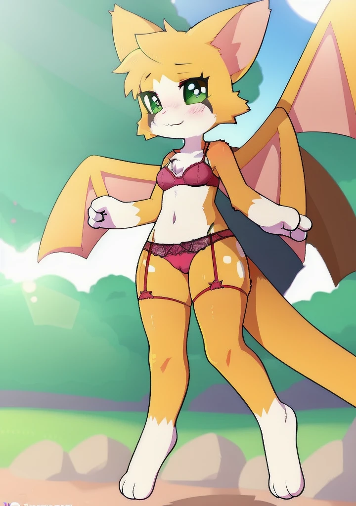 uploaded on e621, (by Dagasi), (kemono:1.3), (((fidget (elysian tail)))), kid solo, fairy size, green eyes, membranous wings, female toddler, Small, beautiful and detailed green eyes, looking at viewer, flat breasts, (thick thighs ), thin, slender body, thin, slender body, somewhat elongated body, feline appearance, (blush), (4 fingers), beautiful hands, ((detailed background:1.5, depth of field, half body shadow, sunlight, ambient light on the body)), (intricate:0.7), (high detail:1.3), (soft focus:1.15), (masterpiece, best quality, 4k, 2k, shaded, absurd res), wearing victoria's secrets lingerie, lace bra, lace stockings, garter belt, lace panties,