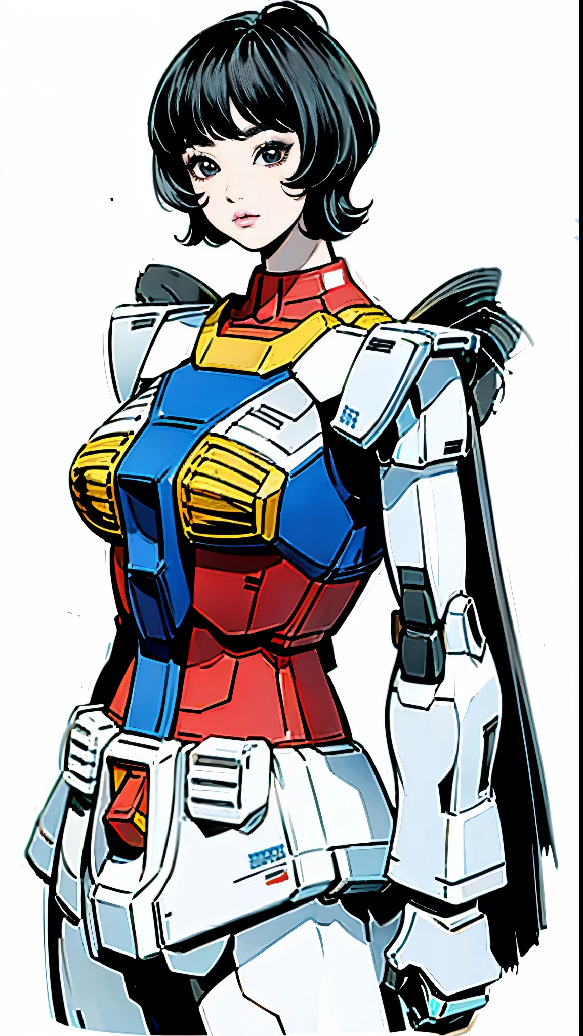Upper Body、Gundam costumes、Simple Background、Masterpiece、high resolution、Model pose、Girl、Female body type、Black Hair、Large Breasts