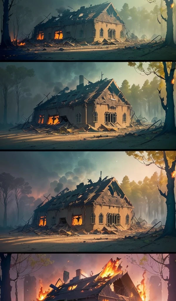 (Anime style:1.5), (highly detailed), (destroyed burned candy house in deep forest:1.7), (burned sweets and treats all around), (smoke and remnants of candy and sweets scattered around), (eerie and dark atmosphere), (forest reclaiming the area with vines and plants growing over the ruins), (sense of nature taking over), (epic final scene:1.7)