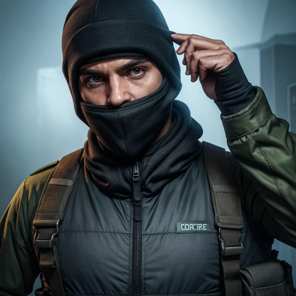 Crie o ghost do call of duty homem musculoso com balaclava