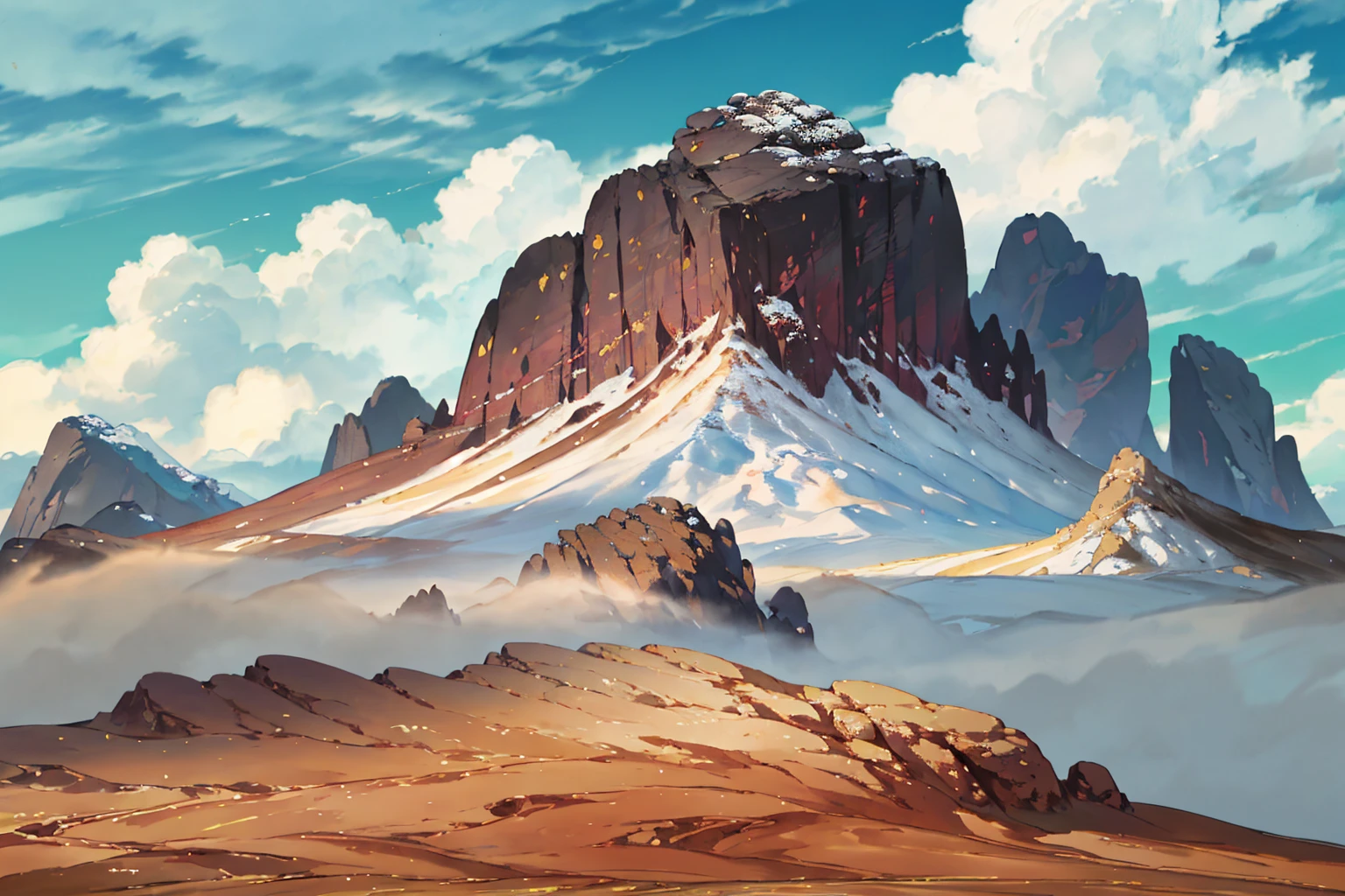 summer, brown rock area, brown rock formation, (illustration : 1.0), Narrative composition, realistic lighting, HD detail, masterpiece, best quality best, (Highly detailed CG integrated 8k wallpaper), wide and flat rocky area, A small, sharp, rough rock at the top of the screen.